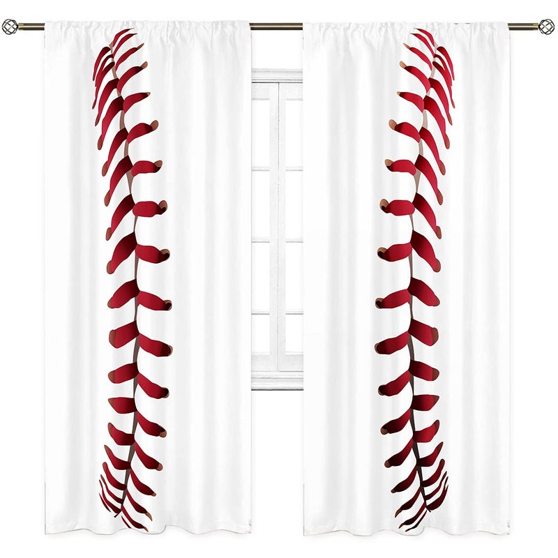 Cinbloo Kids Sports Curtains for Living Room 52W x 84L Inch Baseball ThemeBedroom Decor for Boys WhiteRed Baseball Texture Laces Closeup Background Men TeensWindow Drapes Treatment Fabric 2 Panels - Image 2