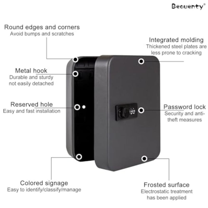 Key Lock Box, Wall Mounted Keys Storage Organizer Box with 48 Key Hooks and Tags, Metal Keys Cabinet with 3 Digit Code Lock for House, Garage, Office, Store, School Black - Image 3