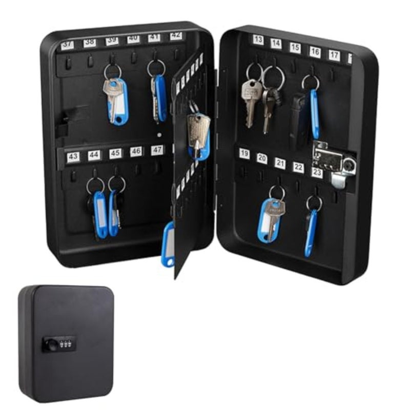 Key Lock Box, Wall Mounted Keys Storage Organizer Box with 48 Key Hooks and Tags, Metal Keys Cabinet with 3 Digit Code Lock for House, Garage, Office, Store, School Black - Image 1