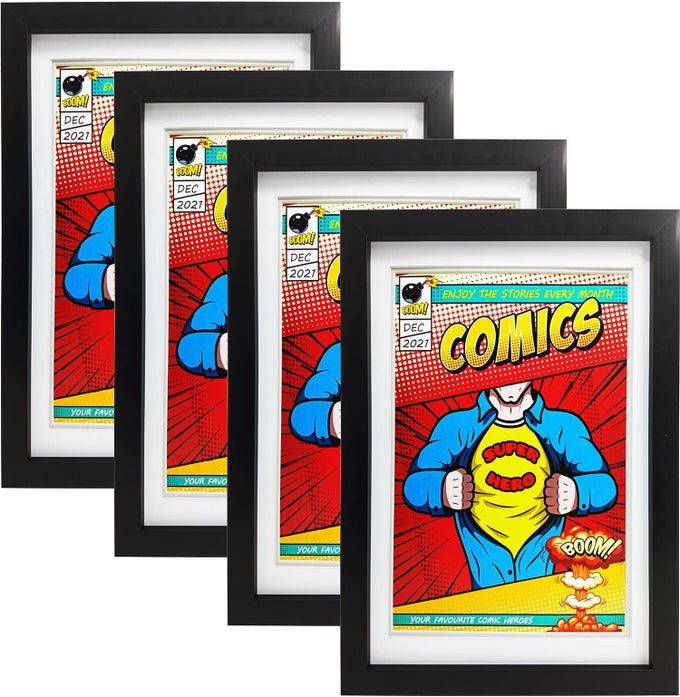 Comic Book Frame4 PackUltraviolet UV Protection Fits Current Comics up to 6 34 inch x 10 14 inch Wall or Tabletop DisplaySpring Clips Black Frame White Mat 4
