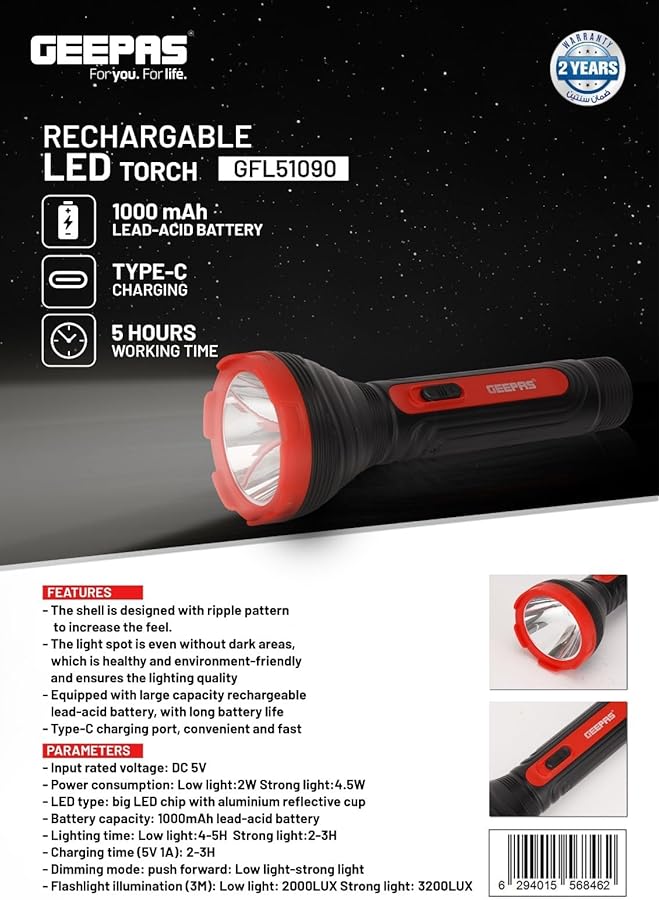 GEEPAS GFL51090 Rechargeable LED Torchlight Bright Cool White Light Portable Torch LED Flashlight - Image 2