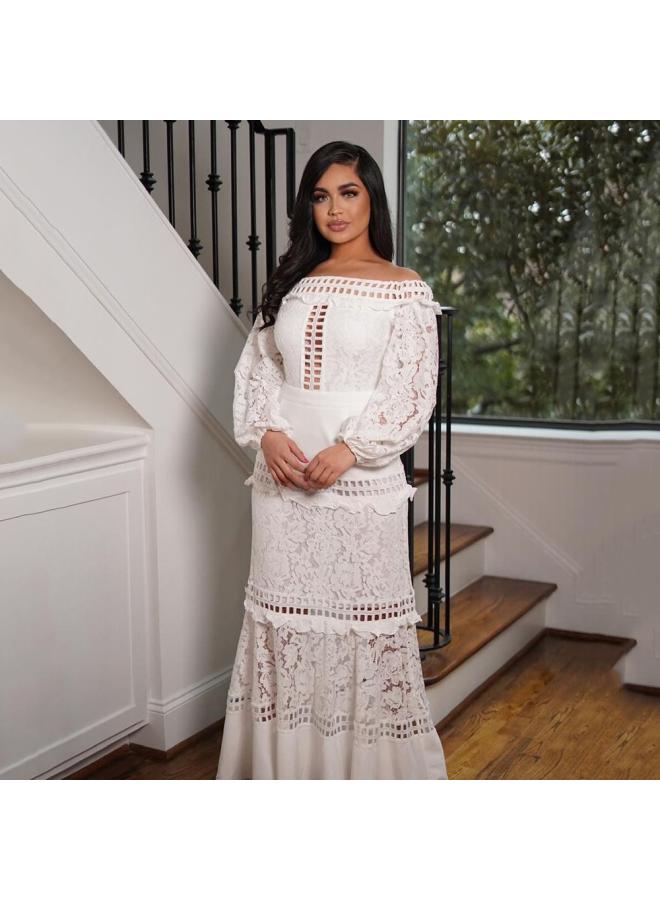 Spring And Summer New European And American Women's Lace Dress One-shoulder Lotus Leaf Wedding Dress Evening Dress Banquet Dress 