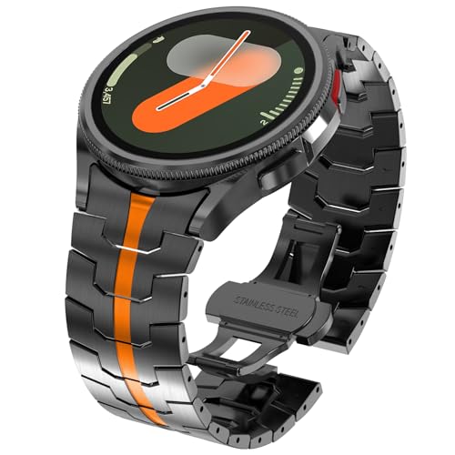 WINGLE Metal Bands for Samsung Galaxy Watch 7 6 5 4 Band Galaxy Watch 6 Classic/5 Pro/4 Classic/FE Band Men 47mm 43mm 45mm 44mm 40mm 46mm 42mm, No Gap Solid Stainless Steel Link, Black/Orange - Image 1