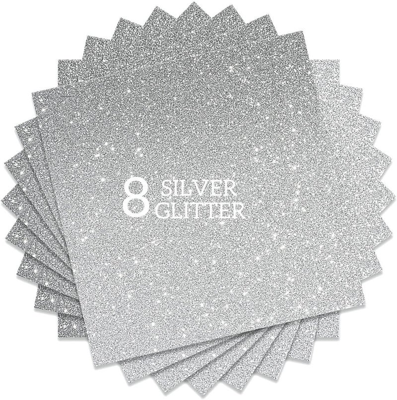 FANSGUAR Silver Glitter HTV Heat Transfer Vinyl Bundle 8 sheets-12 x12 Iron on Vinyl for T Shirts Hats Clothing Compatible with Cricut Cameo Heat Press Machine - Image 1