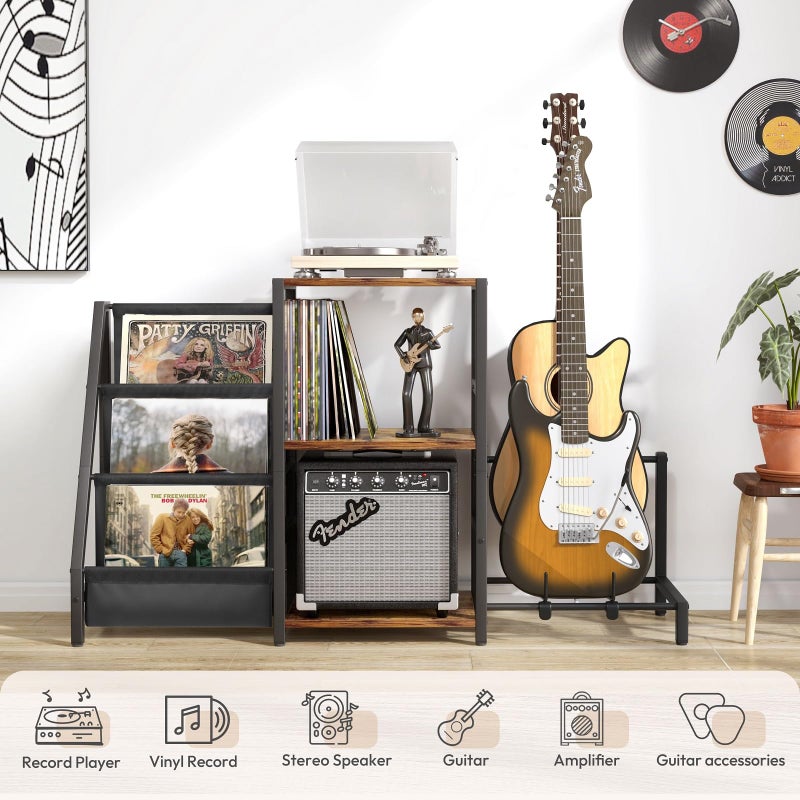 Bikoney Record Player Stand, Guitar Stand for Acoustic, Electric Guitar, Bass with Amp Stand, 3-Tier Vinyl Record Storage Up to 200 Albums, Record Player Table for Record Player, Speaker, Amplifier - Image 2