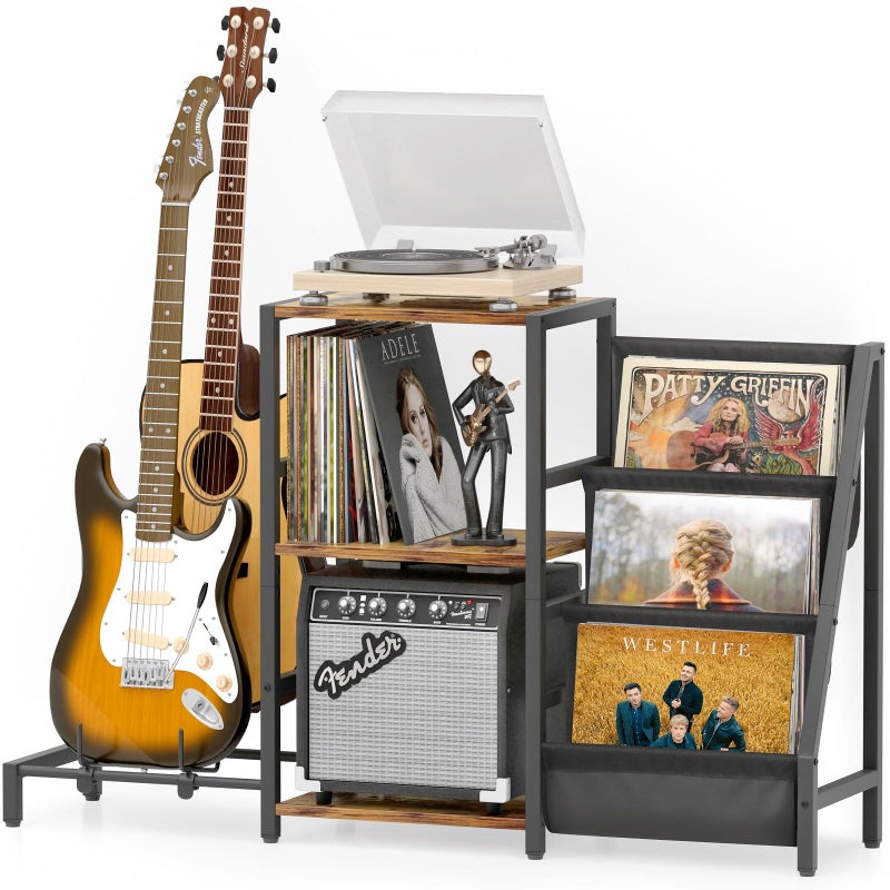 Bikoney Record Player Stand, Guitar Stand for Acoustic, Electric Guitar, Bass with Amp Stand, 3-Tier Vinyl Record Storage Up to 200 Albums, Record Player Table for Record Player, Speaker, Amplifier - Image 1