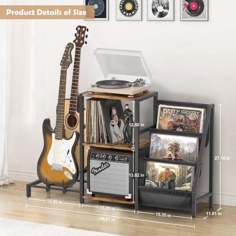 Bikoney Record Player Stand, Guitar Stand for Acoustic, Electric Guitar, Bass with Amp Stand, 3-Tier Vinyl Record Storage Up to 200 Albums, Record Player Table for Record Player, Speaker, Amplifier - Image 5
