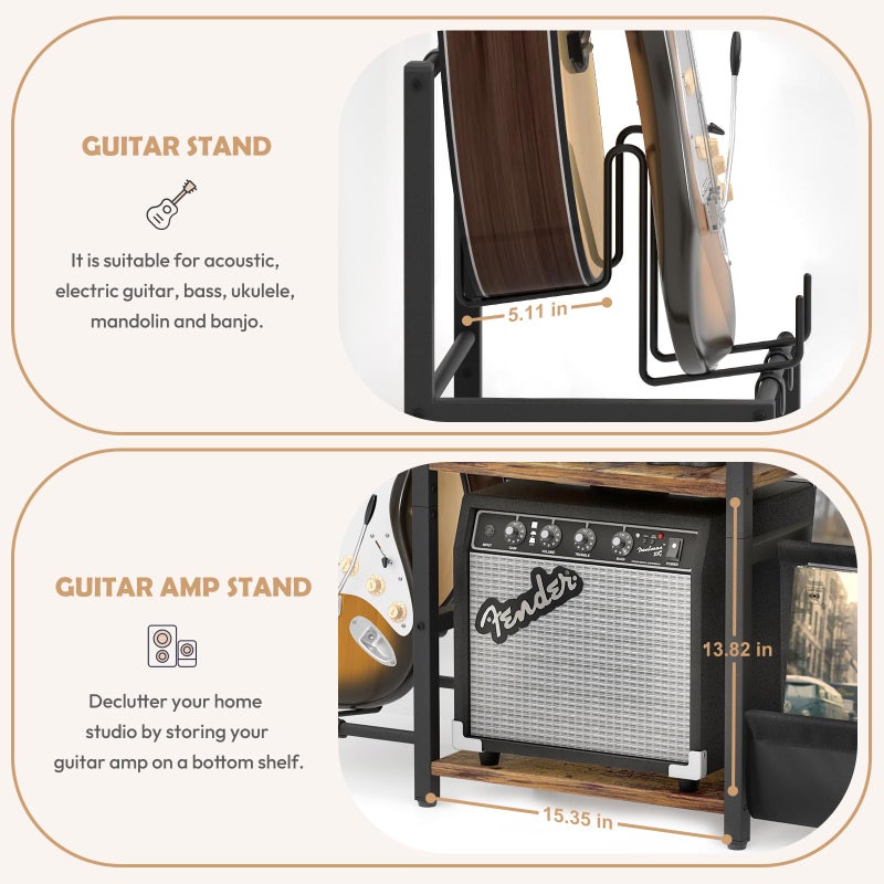 Bikoney Record Player Stand, Guitar Stand for Acoustic, Electric Guitar, Bass with Amp Stand, 3-Tier Vinyl Record Storage Up to 200 Albums, Record Player Table for Record Player, Speaker, Amplifier - Image 4