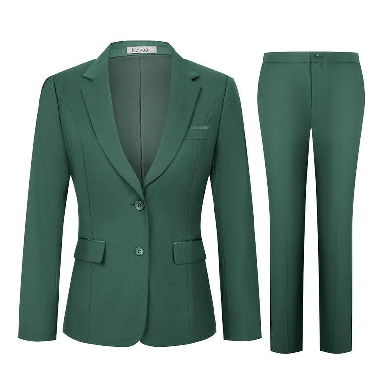 Kelyaa Women's 2 Piece Suit Lady 2 Button Notched Lapel Business Work Office Slim Fit Blazer Jacket Pants Set Dark Green - Image 1