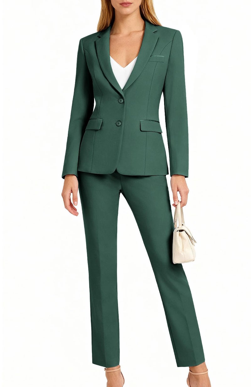 Kelyaa Women's 2 Piece Suit Lady 2 Button Notched Lapel Business Work Office Slim Fit Blazer Jacket Pants Set Dark Green - Image 3