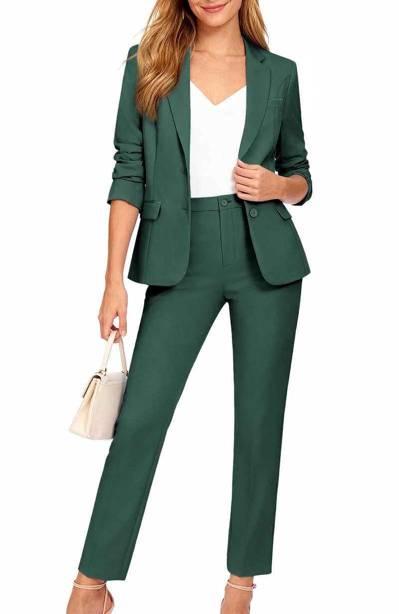 Kelyaa Women's 2 Piece Suit Lady 2 Button Notched Lapel Business Work Office Slim Fit Blazer Jacket Pants Set Dark Green - Image 4