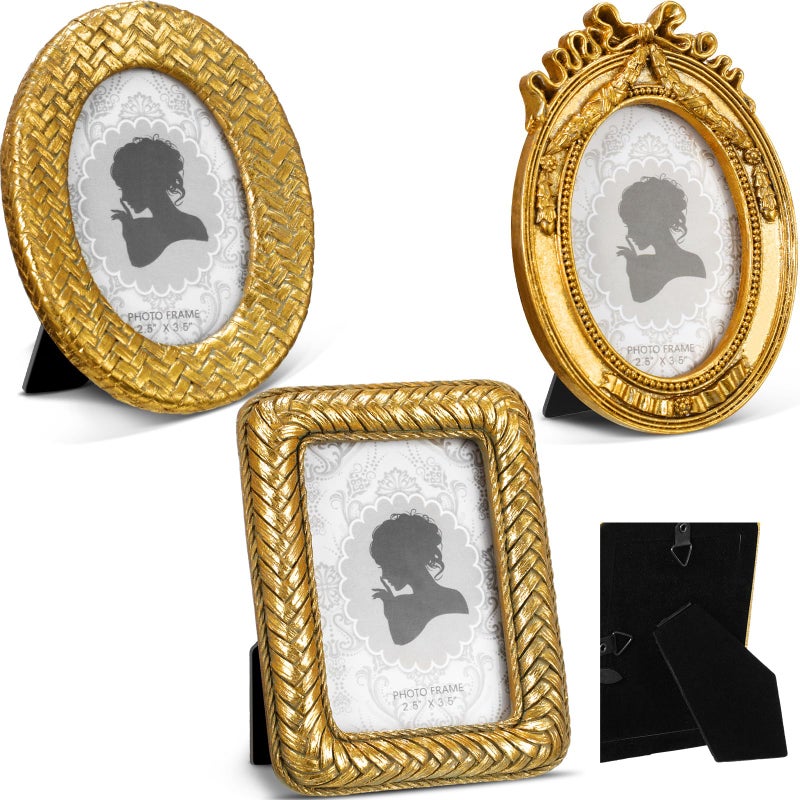 Vicenpal 3 Pcs 25 x 35 Inch Tiny Picture Frame Small Picture Frames Vintage Oval Photo Frames Gold Vintage Baroque Ornate Antique Photo Display Resin Oval Frame Table Display for Home Wedding