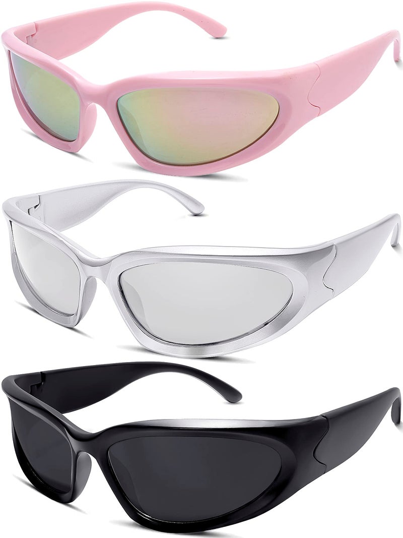 knliwkm 3 Pairs Oval Sporty Wrap Around Sunglasses Y2K Futuristic Glasses Shades for Women Men Trendy Fashion Silver - Image 1