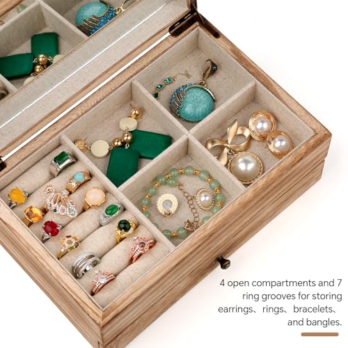Meangood Jewelry Box Organizer for Women, 2 Layer Large Jewelry Storage Case, Rustic Wooden Jewelry Box with Mirror & Ring Tray for Necklace Earring Bracelets Rings, Vintage Style (Torched Wood) - Image 3