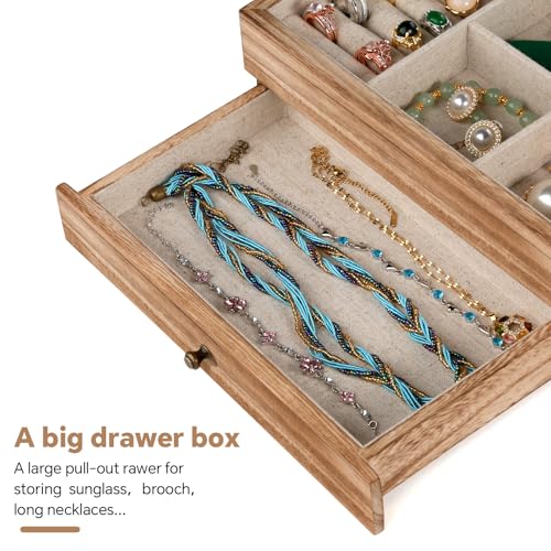 Meangood Jewelry Box Organizer for Women, 2 Layer Large Jewelry Storage Case, Rustic Wooden Jewelry Box with Mirror & Ring Tray for Necklace Earring Bracelets Rings, Vintage Style (Torched Wood) - Image 5