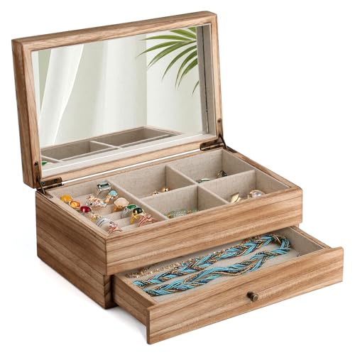 Meangood Jewelry Box Organizer for Women, 2 Layer Large Jewelry Storage Case, Rustic Wooden Jewelry Box with Mirror & Ring Tray for Necklace Earring Bracelets Rings, Vintage Style (Torched Wood) - Image 1