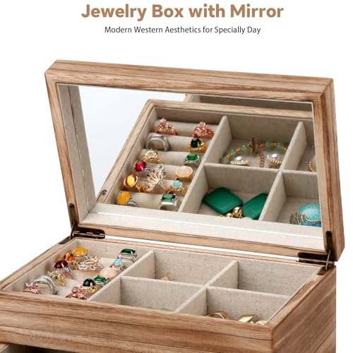 Meangood Jewelry Box Organizer for Women, 2 Layer Large Jewelry Storage Case, Rustic Wooden Jewelry Box with Mirror & Ring Tray for Necklace Earring Bracelets Rings, Vintage Style (Torched Wood) - Image 4