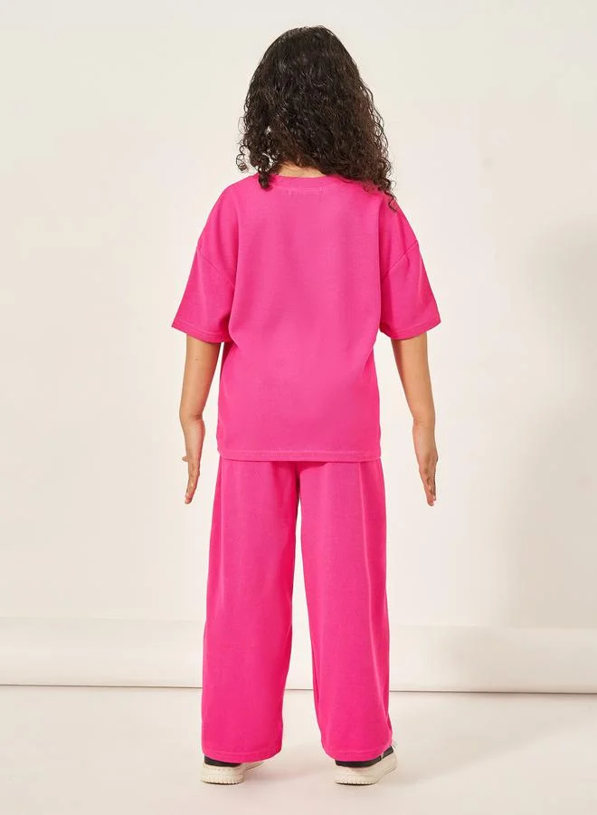 Styli Oversized Waffle Knit Patch Detail T-Shirt & Wide Leg Pants Set