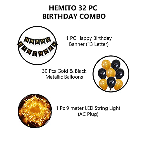 HEMITO 32 pcs Combo Paper Happy Birthday Banner 1 Pcs, 9 Meter Long Led Light 1 Pc, 30 Gold and Black Metallic Balloon Birthday Decorations Kit for Boys, Adults, Kids Balloon Decoration Combo - Image 2