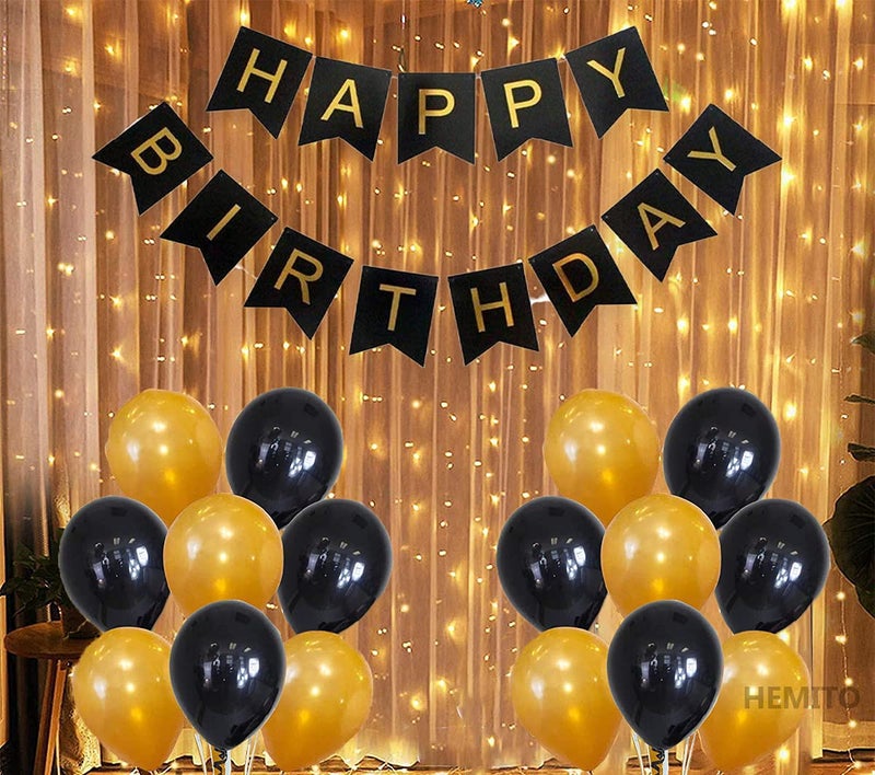 HEMITO 32 pcs Combo Paper Happy Birthday Banner 1 Pcs, 9 Meter Long Led Light 1 Pc, 30 Gold and Black Metallic Balloon Birthday Decorations Kit for Boys, Adults, Kids Balloon Decoration Combo - Image 1