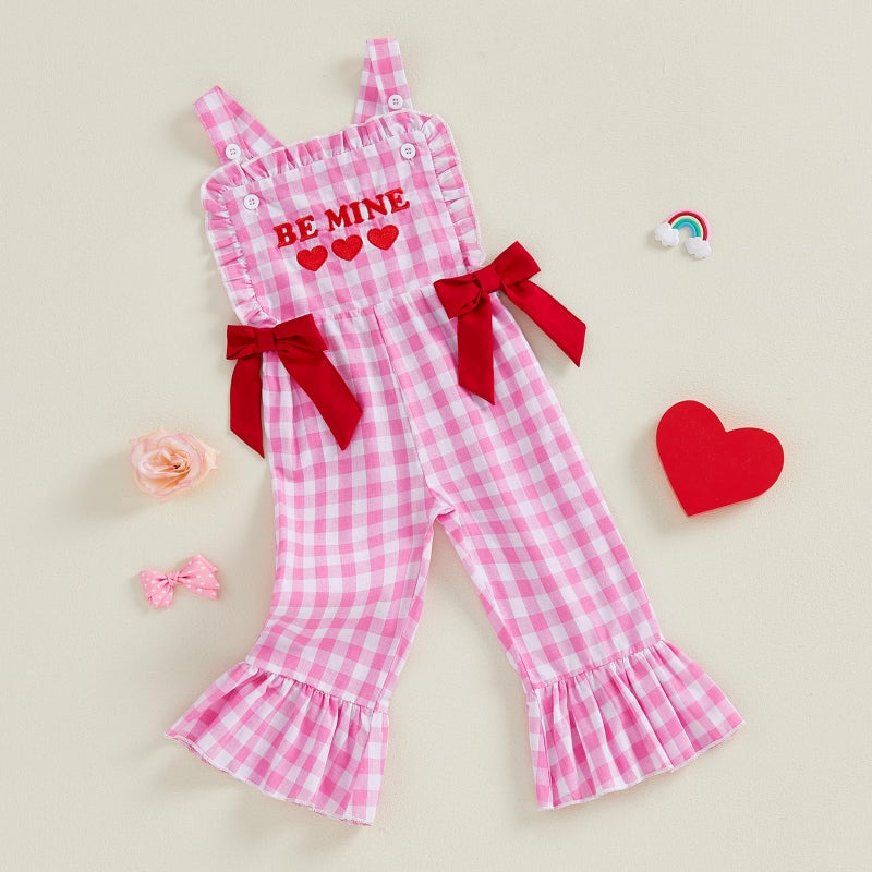 Mieeyali Girls Valentines Day Outfit Overalls Heart Romper Be Mine Love Bell Bottoms Suspender Jumpsuit (Pink Q, 18-24 Months) - Image 4