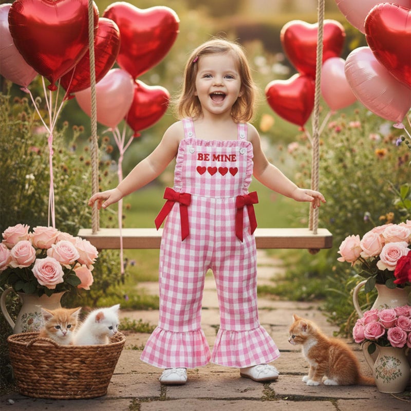 Mieeyali Girls Valentines Day Outfit Overalls Heart Romper Be Mine Love Bell Bottoms Suspender Jumpsuit (Pink Q, 18-24 Months) - Image 2