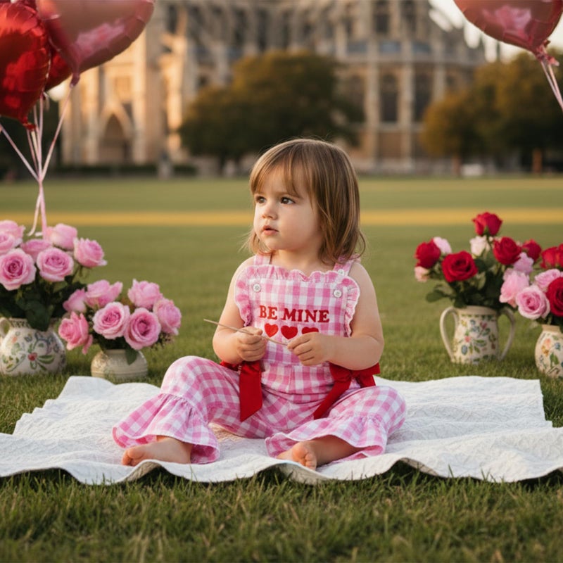 Mieeyali Girls Valentines Day Outfit Overalls Heart Romper Be Mine Love Bell Bottoms Suspender Jumpsuit (Pink Q, 18-24 Months) - Image 3