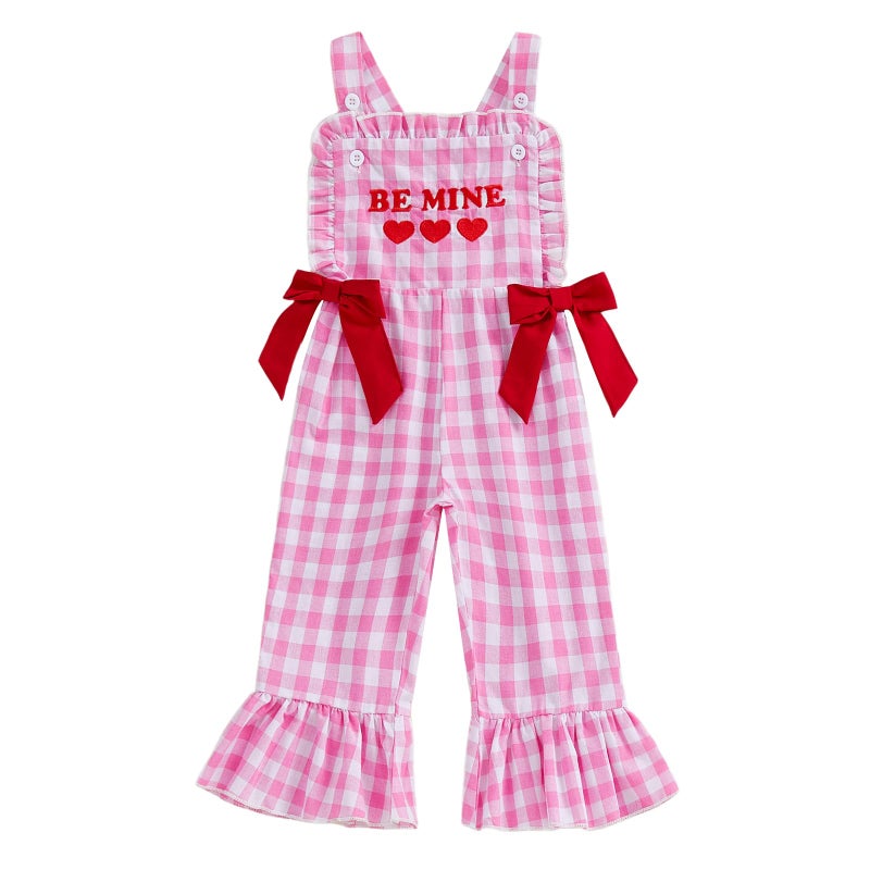 Mieeyali Girls Valentines Day Outfit Overalls Heart Romper Be Mine Love Bell Bottoms Suspender Jumpsuit (Pink Q, 18-24 Months) - Image 1