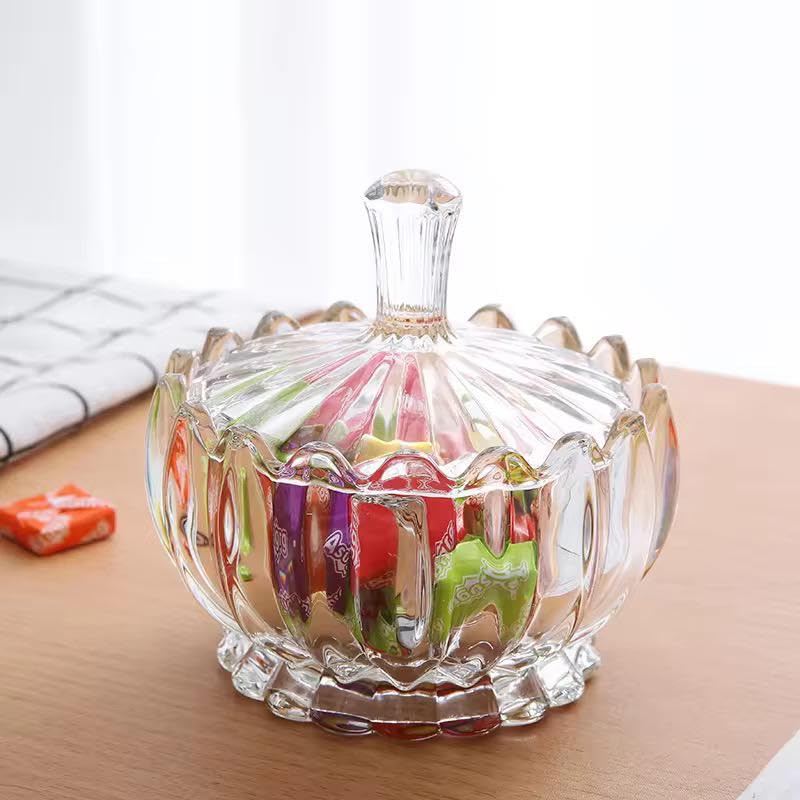 HOMEAWARE Elegant Crystal Glass Lotus Candy Jar with Lid DessertSugar Cubes refreshments saunf and mintsJewelry Dish Modern Design MultiPurpose Bowl Round Serving Jar Pack of 2 PCS250 ML - Image 4