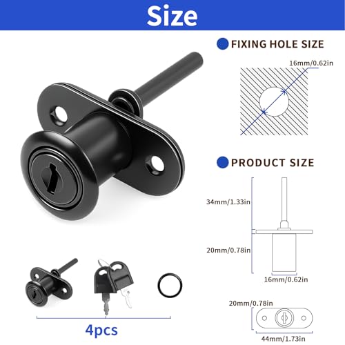 TBWHL 4 Pcs - Zinc Alloy Drawer Lock with Keys, Desk Locks File Cabinet Lock for Wardrobe Furniture Cabinet Locker Showcase with 8 Same Key 16mm (Black) - Image 2