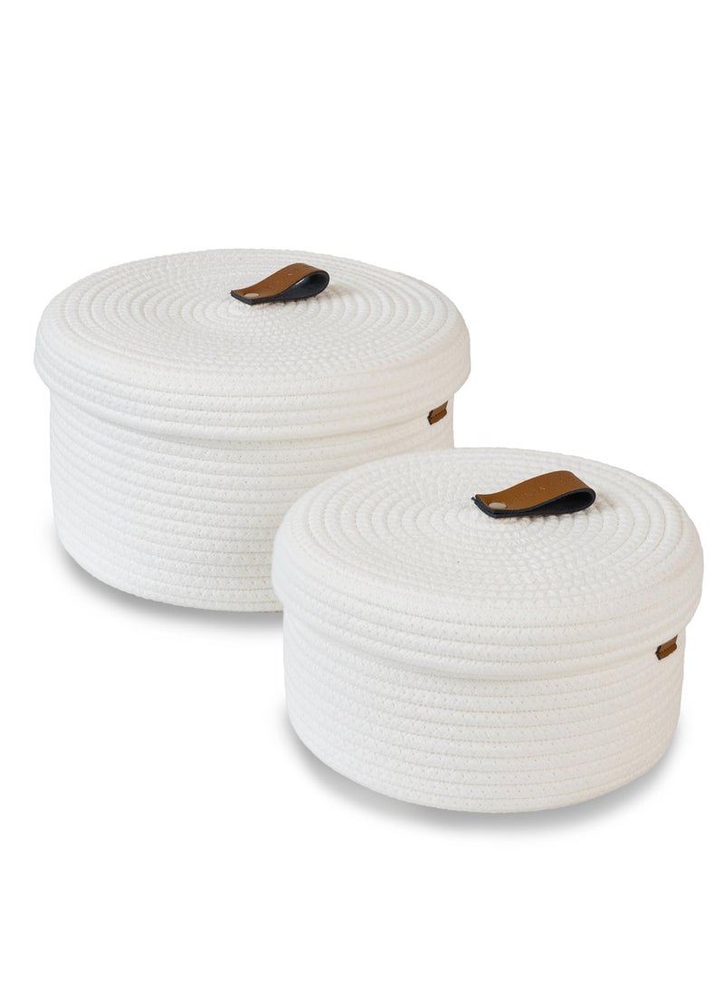 SOLARAE 2 PCS Round Cotton Rope Storage Basket with Lid, Decorative Woven Storage Containers Washable Organizer Box Container for Snacks, Towels, Plants, Leather Handle Design(White) - Image 1