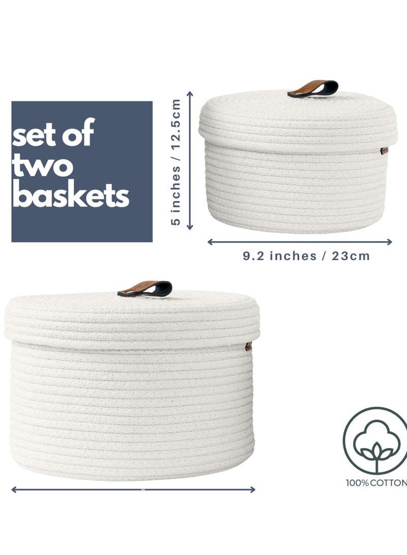 SOLARAE 2 PCS Round Cotton Rope Storage Basket with Lid, Decorative Woven Storage Containers Washable Organizer Box Container for Snacks, Towels, Plants, Leather Handle Design(White) - Image 3