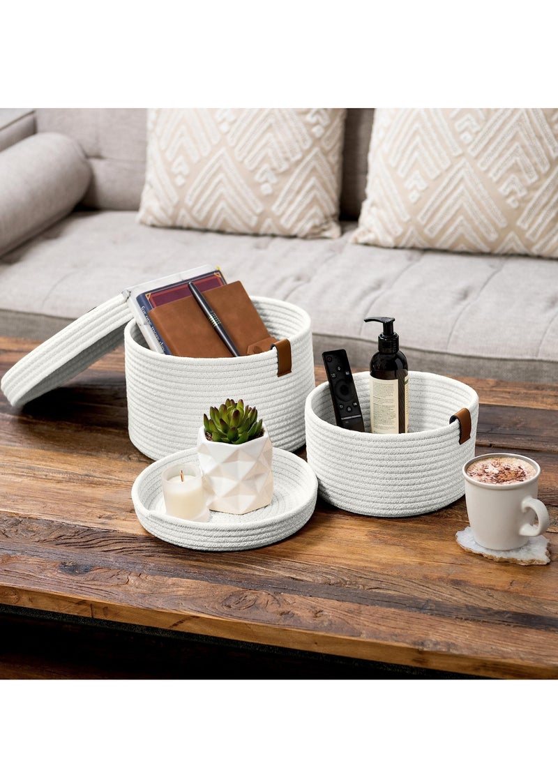 SOLARAE 2 PCS Round Cotton Rope Storage Basket with Lid, Decorative Woven Storage Containers Washable Organizer Box Container for Snacks, Towels, Plants, Leather Handle Design(White) - Image 5