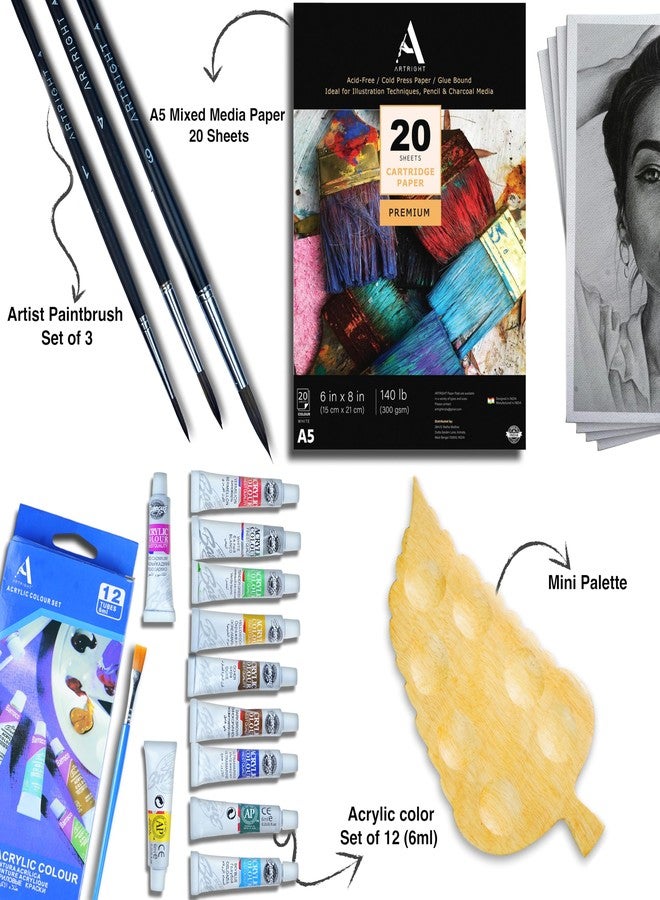 ArtRight 36 Pcs Painting Kit for Beginners & Kids with 3 Paint Brushes, 20 Mixed Media Papers, 1 Painting Palette, Artists Acrylic Color Set of 12 (6ml each) - Image 3