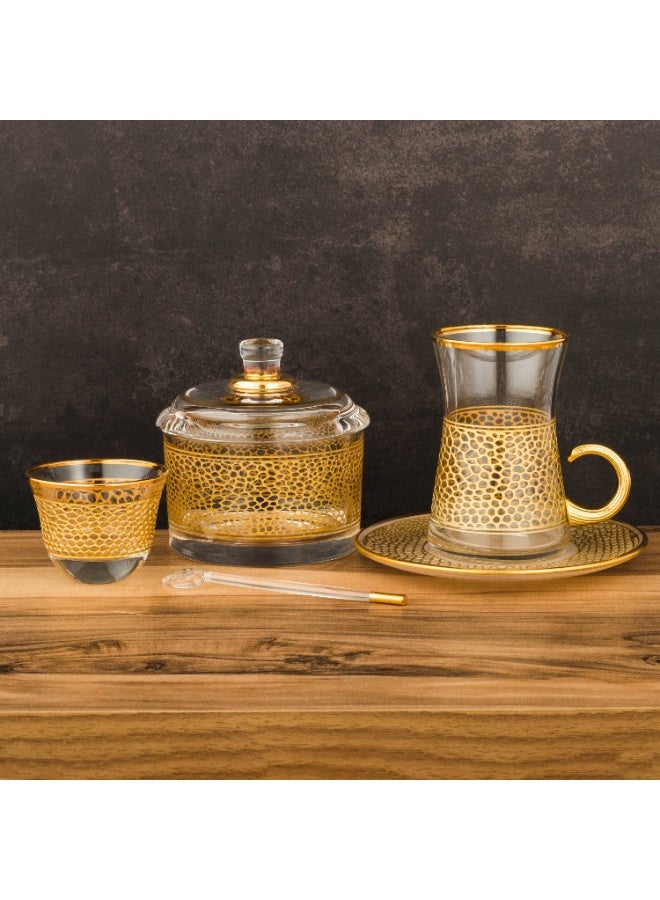 byblos Luxury Turkish Glass Tea and Coffee Set, 26 Pieces 🇹🇷✨ Elegant Gold Mesh Design – Complete Hospitality Set for 6 People - Image 4
