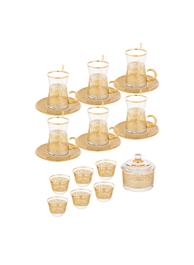 byblos Luxury Turkish Glass Tea and Coffee Set, 26 Pieces 🇹🇷✨ Elegant Gold Mesh Design – Complete Hospitality Set for 6 People - Image 2