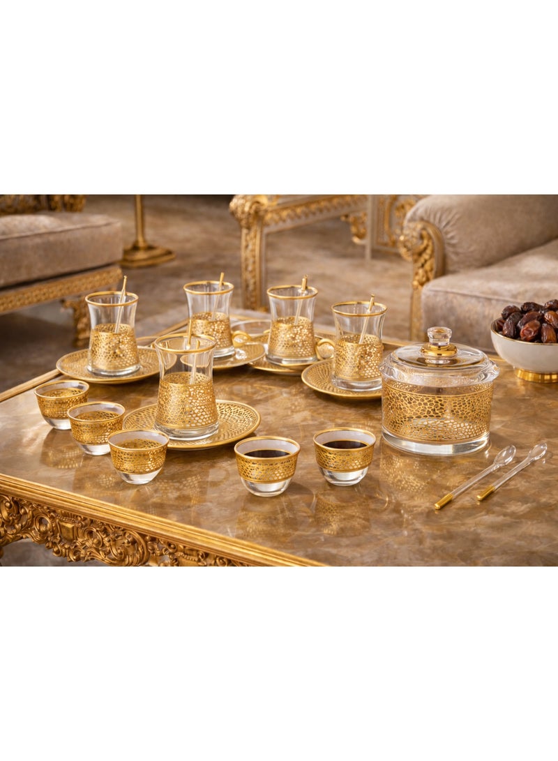 byblos Luxury Turkish Glass Tea and Coffee Set, 26 Pieces 🇹🇷✨ Elegant Gold Mesh Design – Complete Hospitality Set for 6 People - Image 1