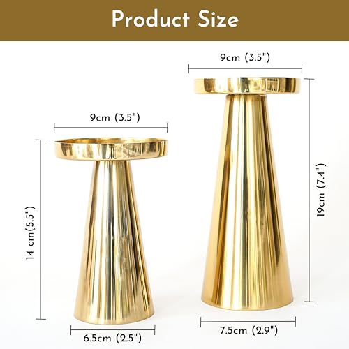 Behoma Solid Large Metal Pillar Candle Holders with Gift Box | Centerpieces for Home Decor Coffee Table | Candles Stand for Wedding Gift, Housewarming | Golden, Set of 2 (Candles are not Included) - Image 3