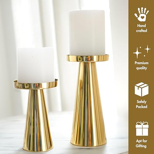 Behoma Solid Large Metal Pillar Candle Holders with Gift Box | Centerpieces for Home Decor Coffee Table | Candles Stand for Wedding Gift, Housewarming | Golden, Set of 2 (Candles are not Included) - Image 4