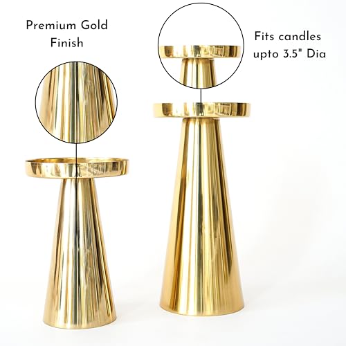Behoma Solid Large Metal Pillar Candle Holders with Gift Box | Centerpieces for Home Decor Coffee Table | Candles Stand for Wedding Gift, Housewarming | Golden, Set of 2 (Candles are not Included) - Image 5