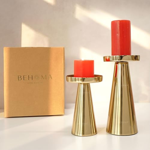 Behoma Solid Large Metal Pillar Candle Holders with Gift Box | Centerpieces for Home Decor Coffee Table | Candles Stand for Wedding Gift, Housewarming | Golden, Set of 2 (Candles are not Included) - Image 2
