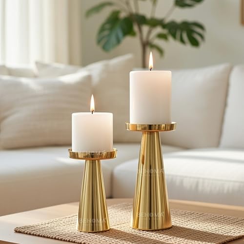 Behoma Solid Large Metal Pillar Candle Holders with Gift Box | Centerpieces for Home Decor Coffee Table | Candles Stand for Wedding Gift, Housewarming | Golden, Set of 2 (Candles are not Included) - Image 1