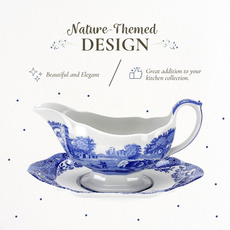 Spode Blue Italian 9 Oz Gravy Boat and Saucer, Earthenware Sauce Boat with Large Handle, Classic Countryside Design, Perfect for Gravy, Sauces, Salad Dressings, Dishwasher & Microwave Safe - Image 4