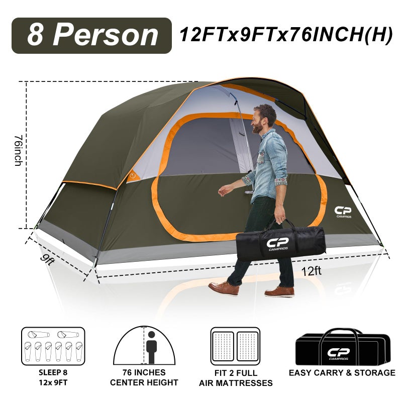 CAMPROS CP Tent 8 Person Camping Tents, Waterproof Windproof Family Dome Tent with Rainfly, Large Mesh Windows, Wider Door, Easy Setup, Portable with Carry Bag (Olive) - Image 2