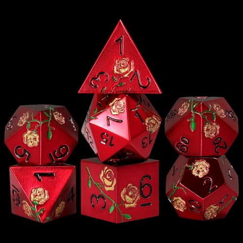 CSITORWWE Rose Flower Form Metal Dice7PCS Heavy Metal Dice SetPolyhedral Dice with Gift Case for TTRPG Tabletop GamingDungeon MastersRPG AdventuresRed with Golden Rose - Image 1