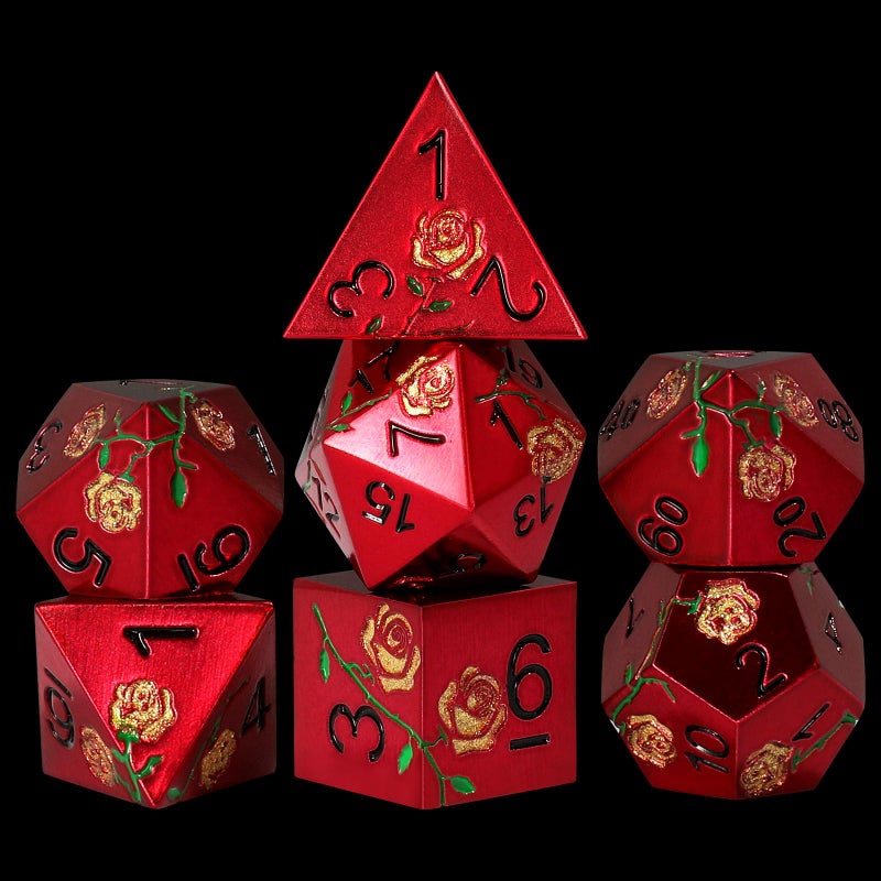 CSITORWWE Rose Flower Form Metal Dice7PCS Heavy Metal Dice SetPolyhedral Dice with Gift Case for TTRPG Tabletop GamingDungeon MastersRPG AdventuresRed with Golden Rose - Image 3