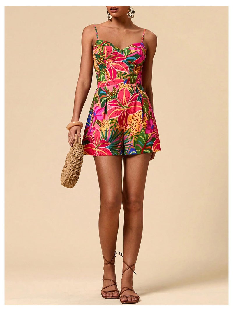 SweatyRocks Women's Spaghetti Strap Floral Print Wide Leg Romper Short Jumpsuit Summer Outfits Multi Medium - Image 5