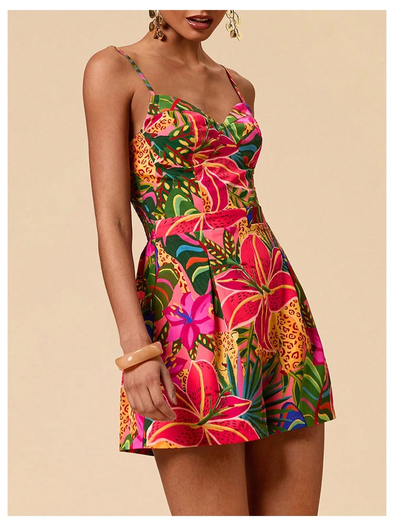 SweatyRocks Women's Spaghetti Strap Floral Print Wide Leg Romper Short Jumpsuit Summer Outfits Multi Medium - Image 4