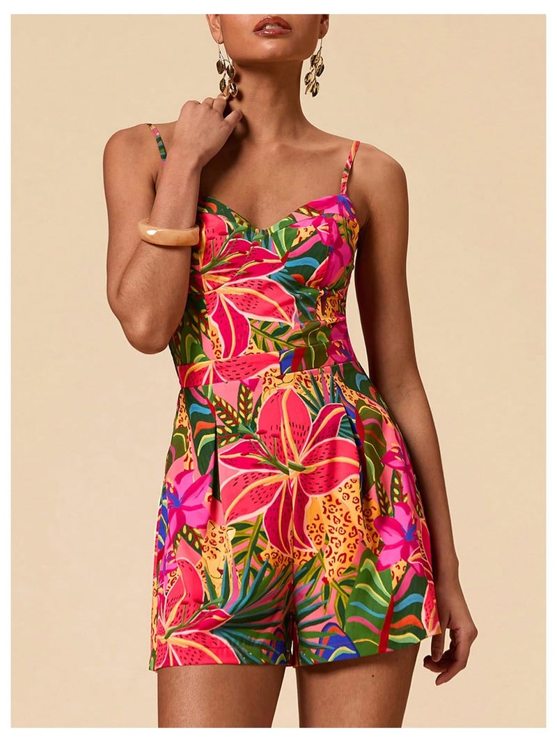 SweatyRocks Women's Spaghetti Strap Floral Print Wide Leg Romper Short Jumpsuit Summer Outfits Multi Medium - Image 3