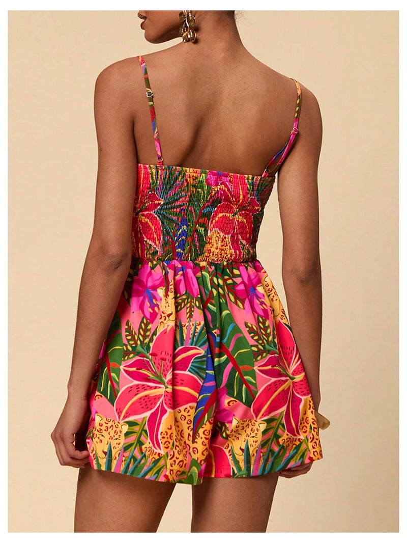 SweatyRocks Women's Spaghetti Strap Floral Print Wide Leg Romper Short Jumpsuit Summer Outfits Multi Medium - Image 2